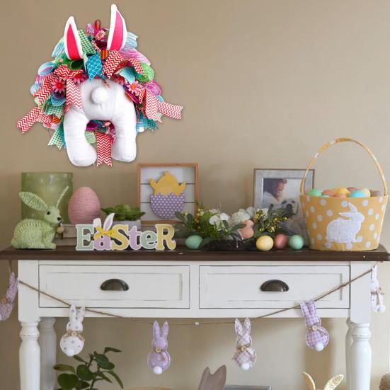 Easter Bunny Wreath with Floppy Ears & Colorful Ribbon Plush Front Door Hanging Wreath Spring Festival Party Decoration