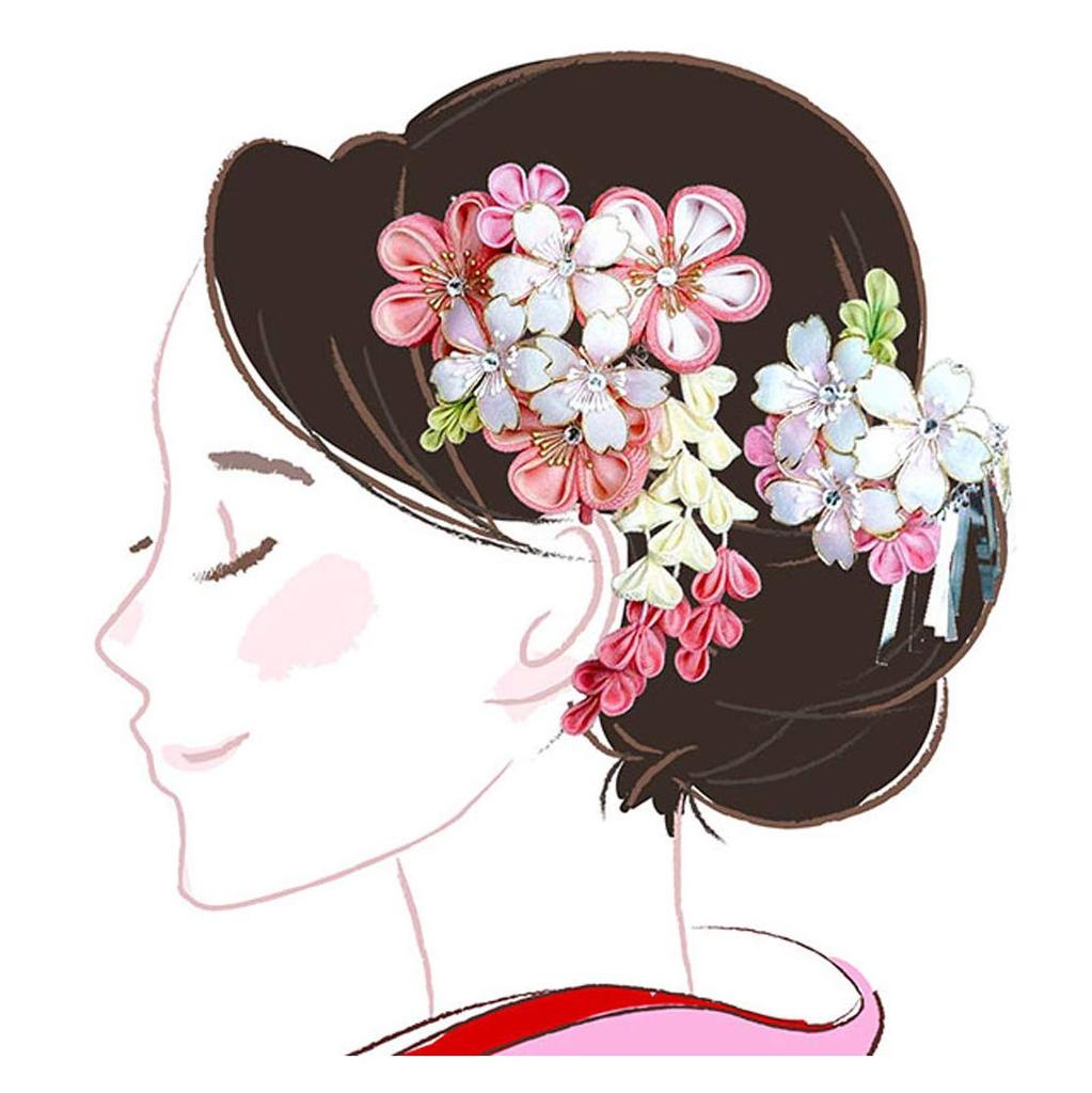 hair ornament ceremony knob cherry blossom 2-piece set, furisode, coming-of-age white, pink, work, crepe, wk-291-A