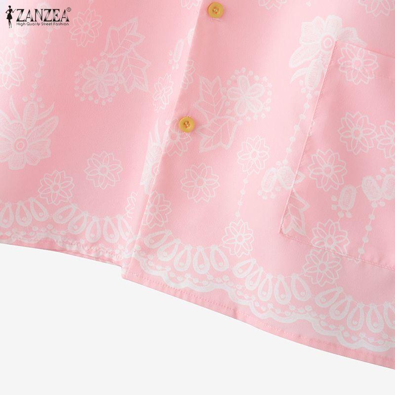 ZANZEA Women Casual Turn Down Collar Loose Short Sleeve Floral Print Blouse