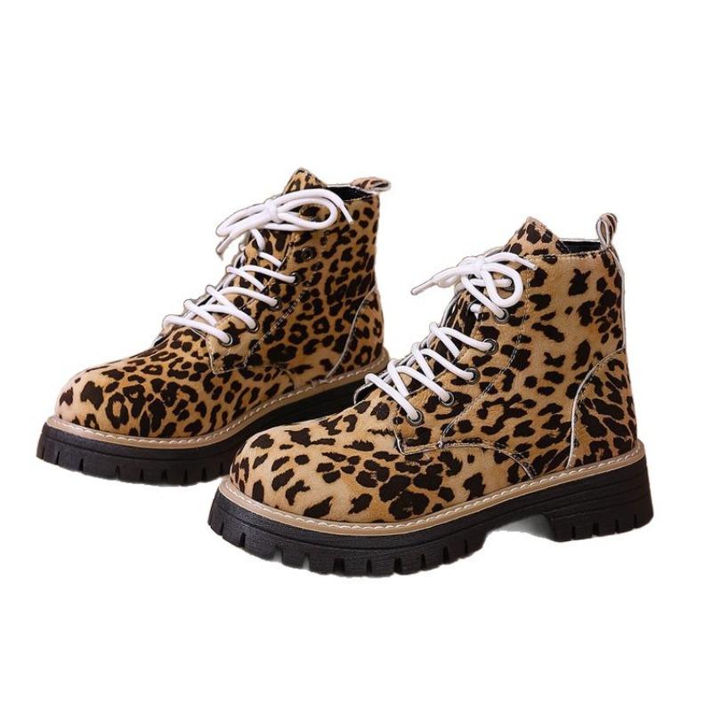Women's Plus Size Leopard Print Combat Boots Fall New Platform Chunky Heel Lace-Up Non-Slip Fashion Boots
