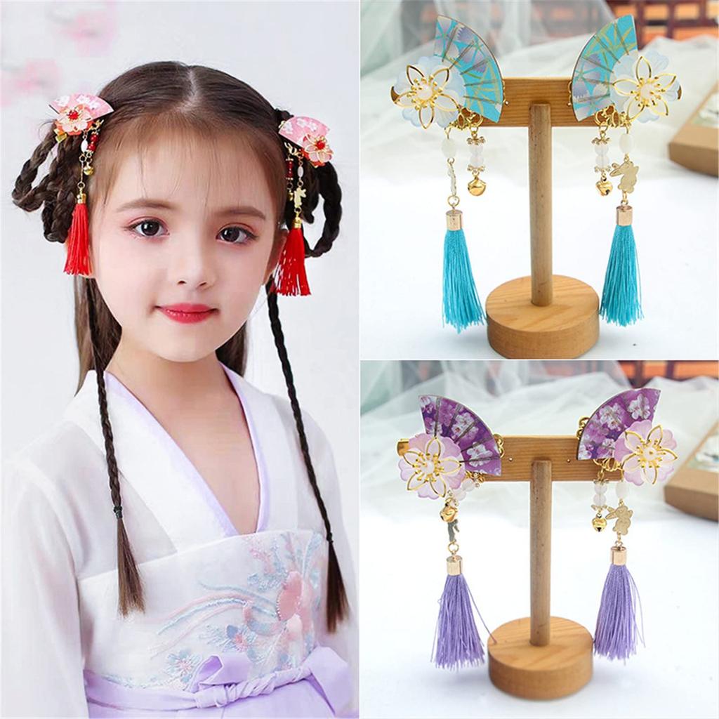 Fan Hair Ornament with Tassel and Flower Design, Hair Clip, Chinese Style, Hanfu, Yukata, Kimono, Hair Accessory, Headpiece, Children's Hair