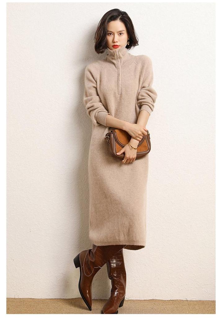 Women's 2024 Autumn Half-Zip Lapel Cashmere Wool Knee-Length Knit Dress