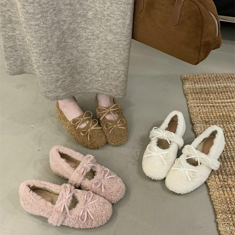 2025 winter height increase of 4cm single shoes warm and plush round bow fluffy shoes