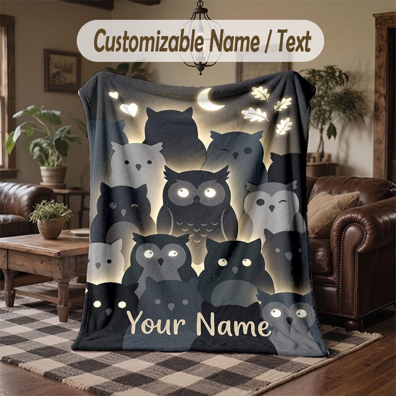 Night Owl Art Print Theme Throw Blanket Custom Name Text Personalized Blanket Soft Cozy Blanket for Home Sofa Bed