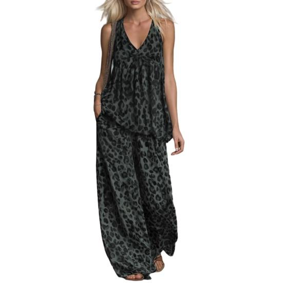 

Summer Printed 2 Piece Sets for Women Sleeveless V Neck Tank Top And Wide-Leg Pants Lounge Sets Casual Vacation Matching Outfits M чёрный