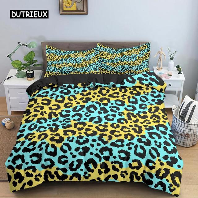Sada povlaků na přikrývku s leopardím vzorem Duhový leopardí 3D tisk povlak na přikrývku velikosti King Queen pro děti Dárky pro dívky Polyesterový povlak na přikrývku