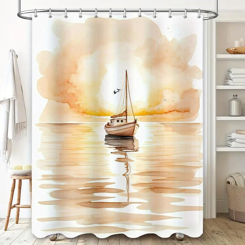 Watercolor Sailboat Shower Curtain Soft Pastel Yellow Beige Bath Decor for Home Bathroom Custom Size Available (84x72 inches)