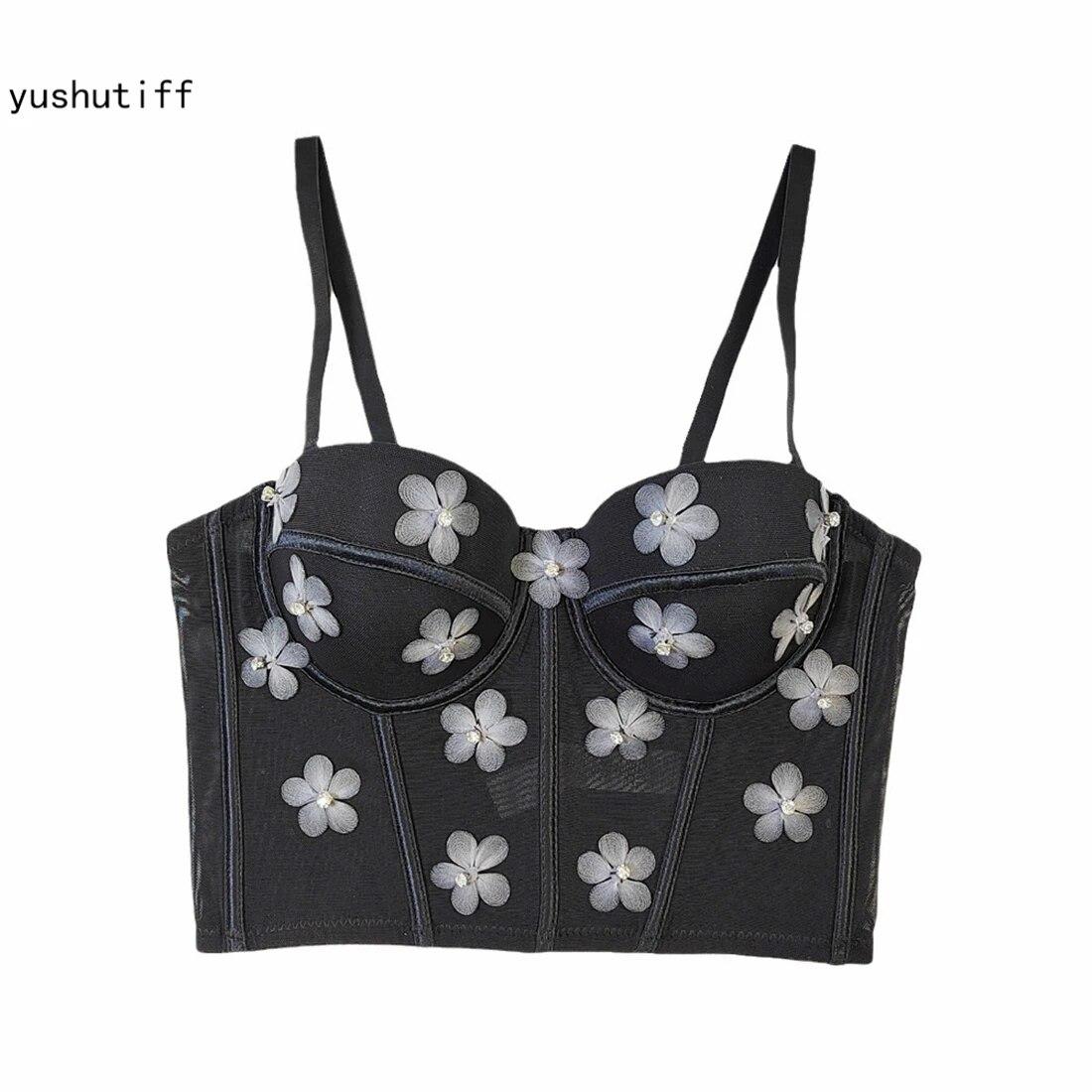 

Укороченный топ yushutiff со стразами, бюстгальтер для ночного клуба, корсет, топы, одежда для кокеток, бюстье Rave, женские летние вечерние жилеты без рукавов