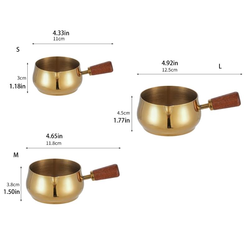 Stainless Steel Pouring Cups With Wooden Handle Stackable Dip Saucers For Heating Butter And Preparing Coffee