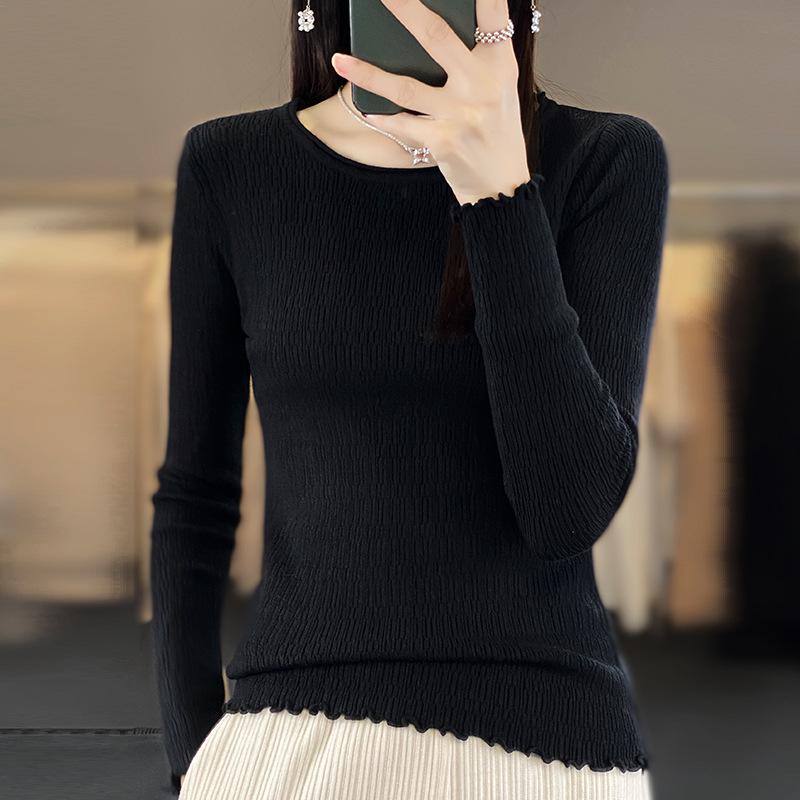 

Осенний новый женский вязаный свитер, свитер с круглым вырезом, кружевной, облегающий, тонкий, приятный к коже и теплый, женская вязаная базовая рубашка XXL чёрный