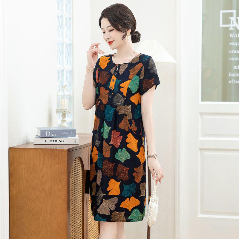 New Arrival Summer Cotton-Silk Knee-Length Loose Plus Size Short-Sleeved Dress for Mom