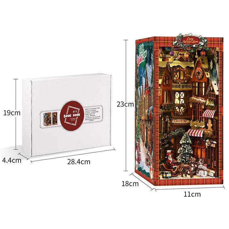 

Christmas Street Corner DIY Wooden Book Nook Figurines Miniatures Kits Bookshelf Home Bookend Decoration For Xmas Handmade Gifts