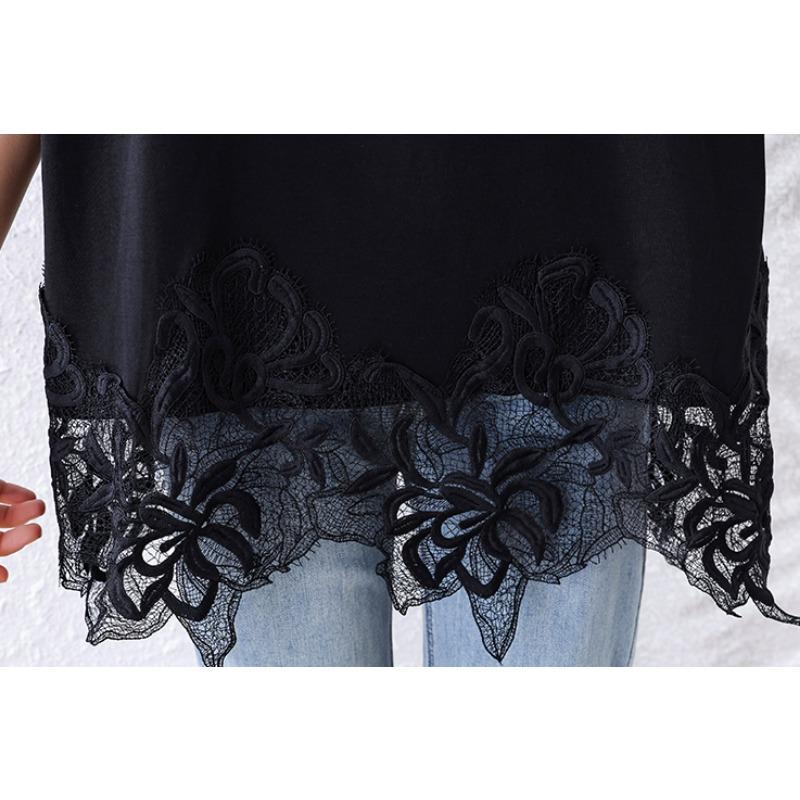 DIMANAF 2025 Summer Women Plus Size Basic T-Shirt Vintage Oversized Fashion Lace Casual Loose Black Tops Tees