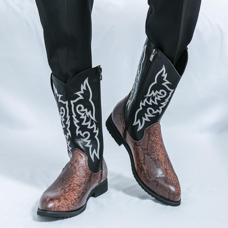 Men’s Pointed Toe Embroidered Western Cowboy Boots Casual Retro Dress Leather Men’s  Mid-calf Boots Plus Size