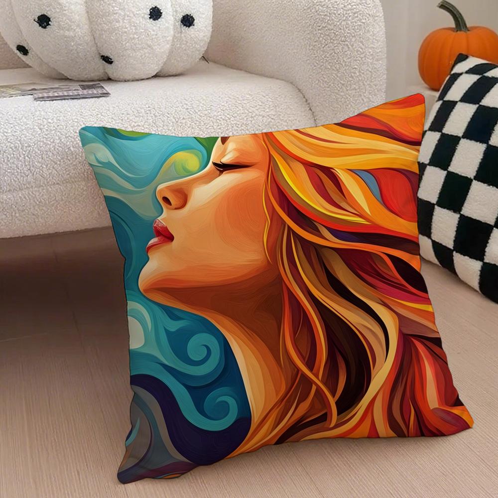 Square Bright Color Flower Girl Art Cushion Cover Throw Pillow Cover Hidden Button Durable Polyester Chair Cushion