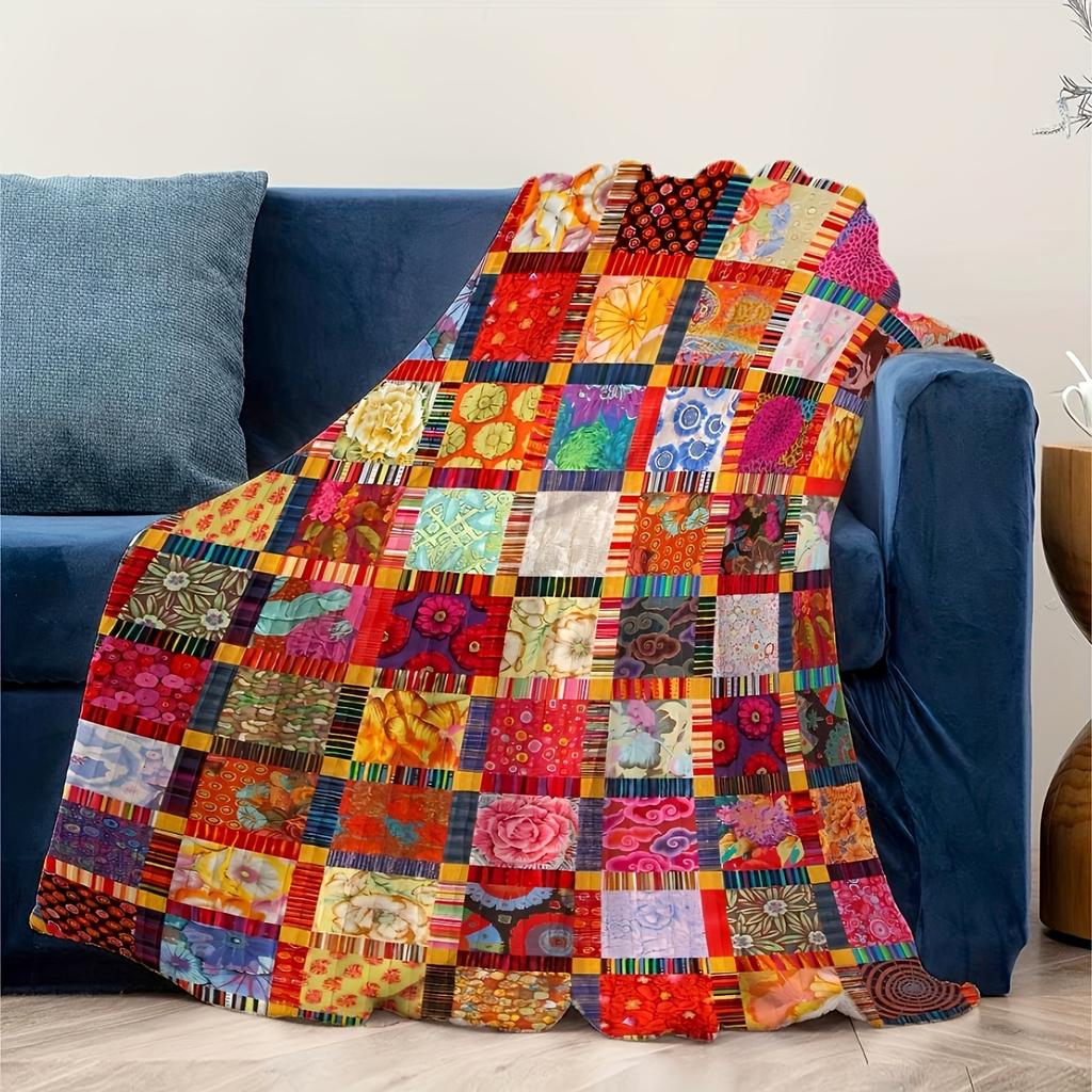 Coperta Plaid Trapuntata Patchwork Vintage in Flanella Pile Morbida Accogliente per Tutte le Stagioni Multiuso Ufficio Esterno Viaggio