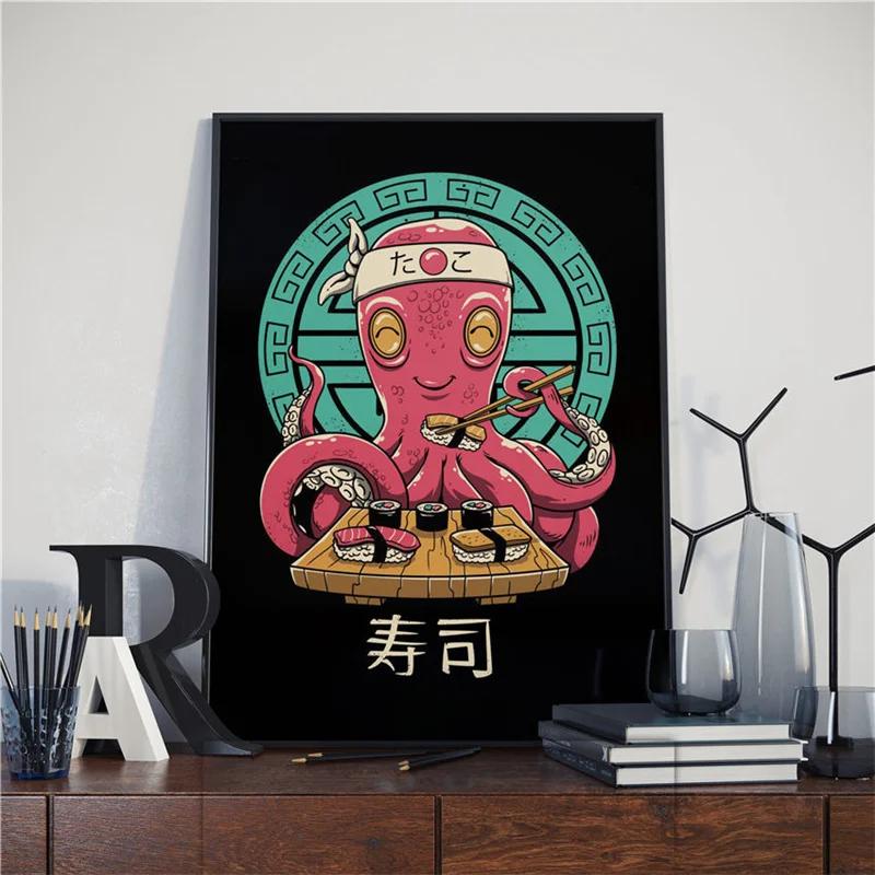 Japanese Samurai Cat Posters and Prints Ramen Nostalgia Quality Cartoon Canvas Paintings Animal Wall Art Pictures for Home Decor