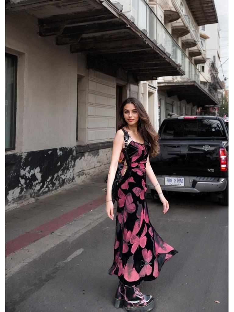 2026 Butterfly Print Spaghetti Strap Bodycon Long Dress for Women S красный