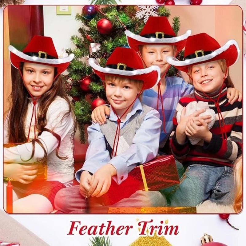 Santa Claus Western Hat Christmas LED Light Up Cowboy Hat Red Felt Wide Brim Cowgirl Jazz Hat for  Party Costume Accessory