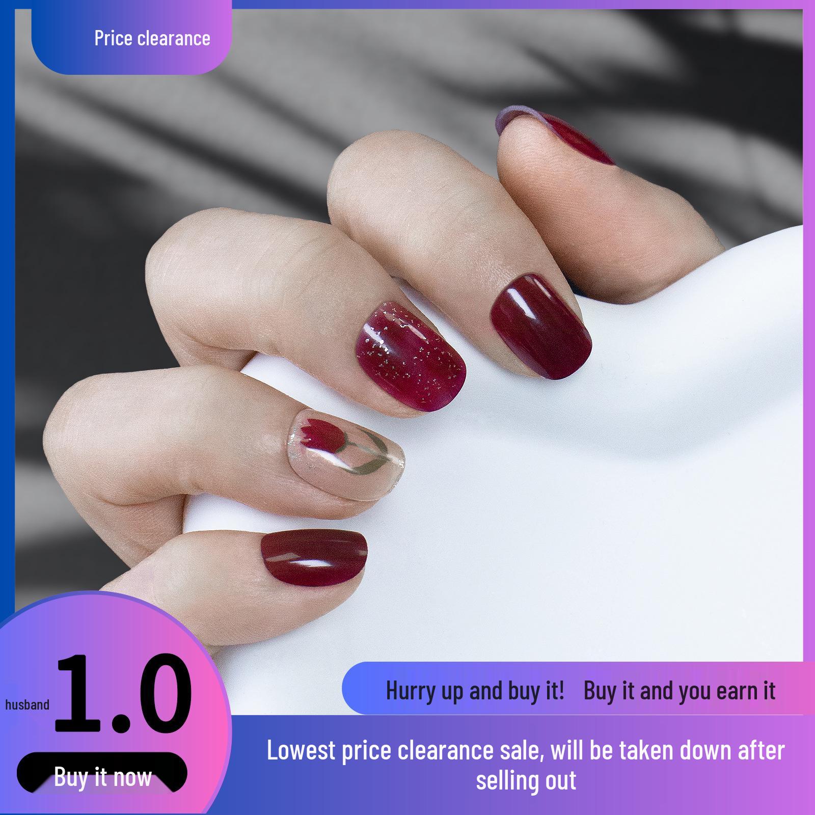 

24-Piece Wine Red Glitter Tulip Nail Tips - Reusable and Removable Fake Nails Set