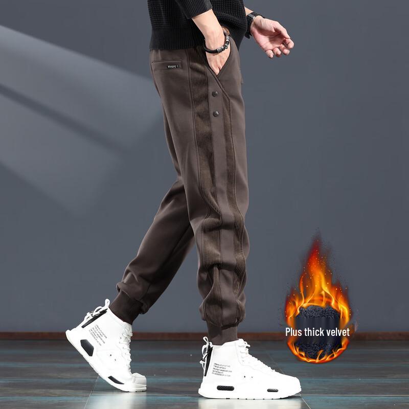 Męskie spodnie dresowe JieLeNuo z sztruksu patchworkowego, podszyte polarem