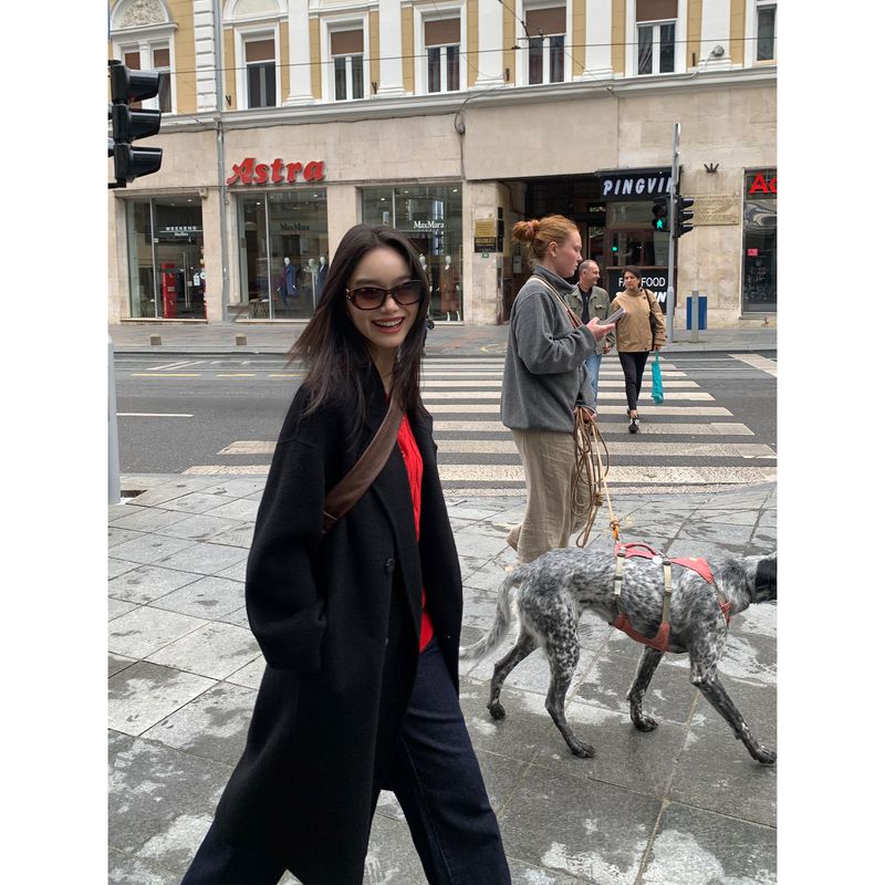 

Pusumede Fancy Wool Overcoat Female Double-Faced Woolen Goods Korean Loose Small Mid Length Long Length Woolen Outwear Small black man([Recommended height 156~162cm]]) M