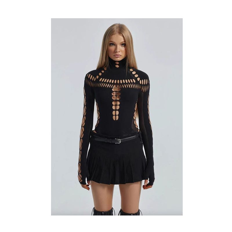 

Kkx Fashion Sexy Turtleneck Spider Web Cut Out Ripped Long Sleeves Jumpsuit Street Fashionable Slim Fit Slimming Top Black All yards