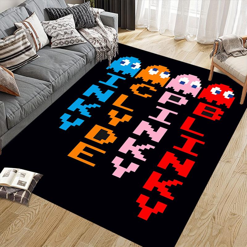Pac‑Man Cartoon Flannel Printed Carpet, Home Sofa Decoration for Living Room & Bedroom, Non‑Slip Play Flannel Floor Mat for Game Room