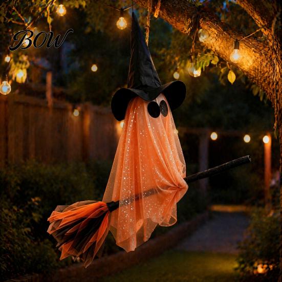Indoor Haunted House Ceiling Decor Halloween Ghost Witch Broom Hanging Ornament, Spooky Hat Theme Room Layout Pendants for Outdoor Party Decoration
