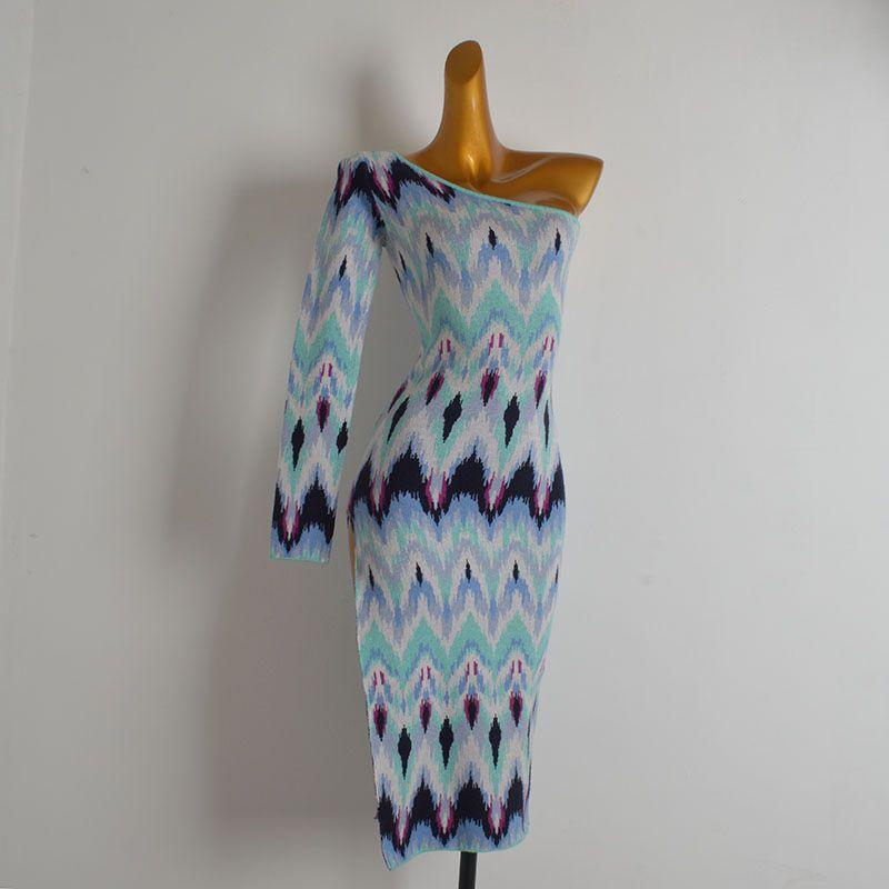 

Western Style Gyaru Sexy Contrast Color One-Shoulder Sleeve Knitted dress Women clothes Spring and Autumn Mid-Length Split Hip Skirt Picture color XL