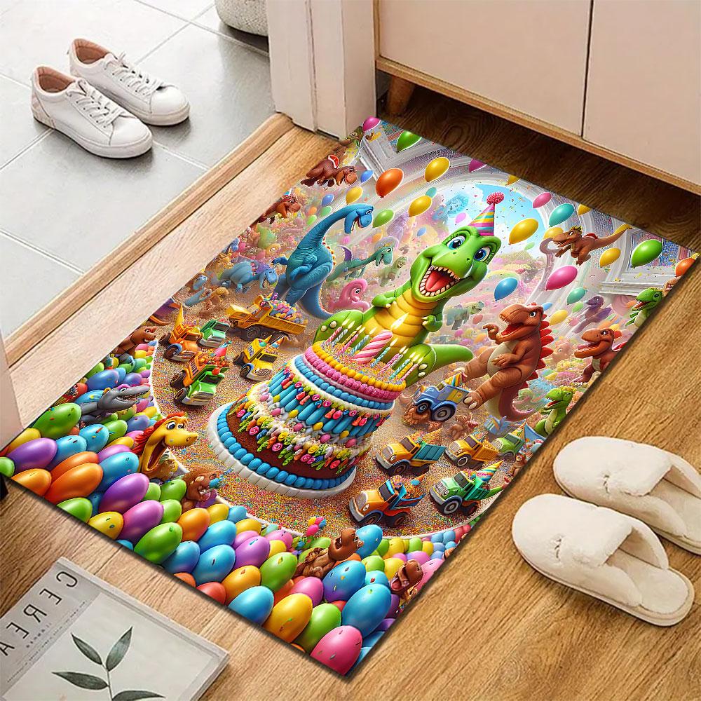 "Colorful Dinosaur Birthday Party Scene" Patterned carpet, suitable as a non slip play mat for the living room and bedroom sofa