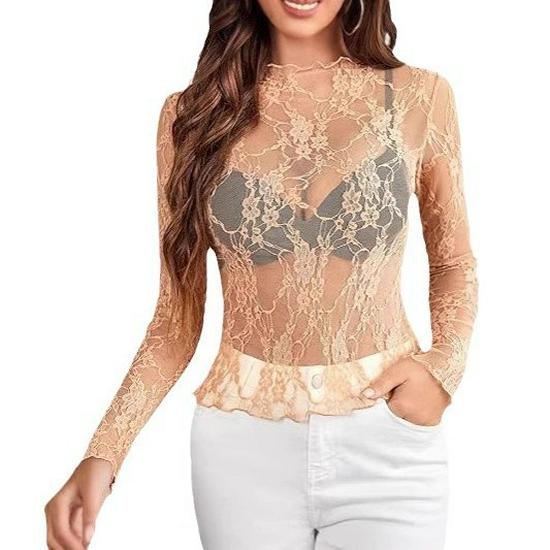 2024 European & American Style Lace Floral See-Through Long-Sleeve Women's Top