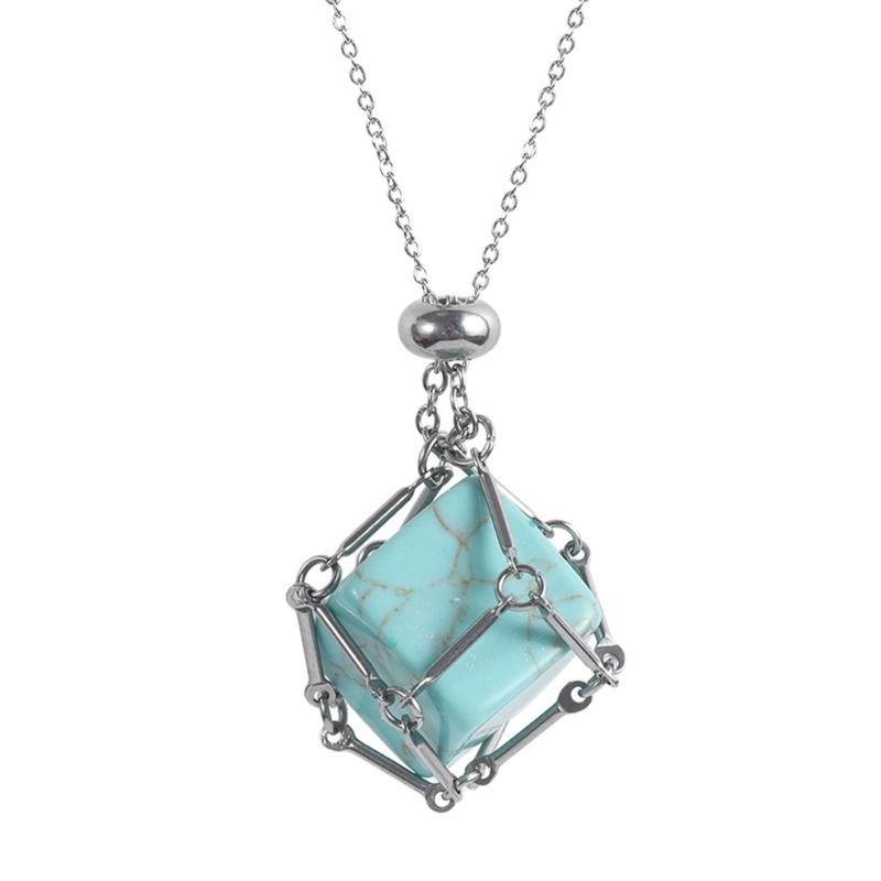 Handcrafted Square Crystal Pendant Necklace With Flexible Bamboo Link Chain And Secure Mesh Cage Setting For Elegant Occasions