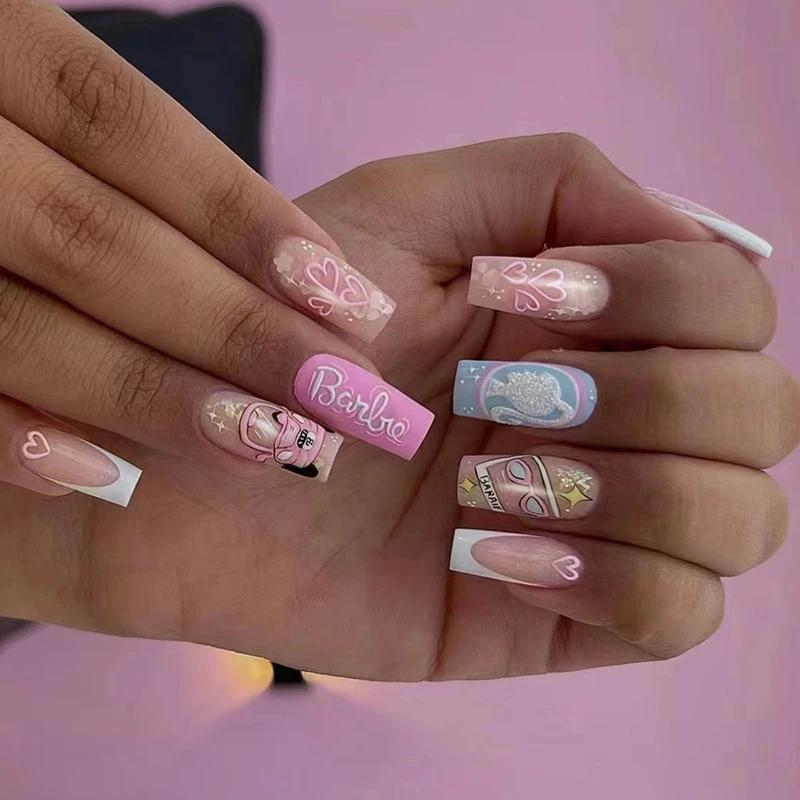 24Pcs French Long Ballet Square Fake Nails Removable Full Cover Press On Nails Acrylic False Nail Tips