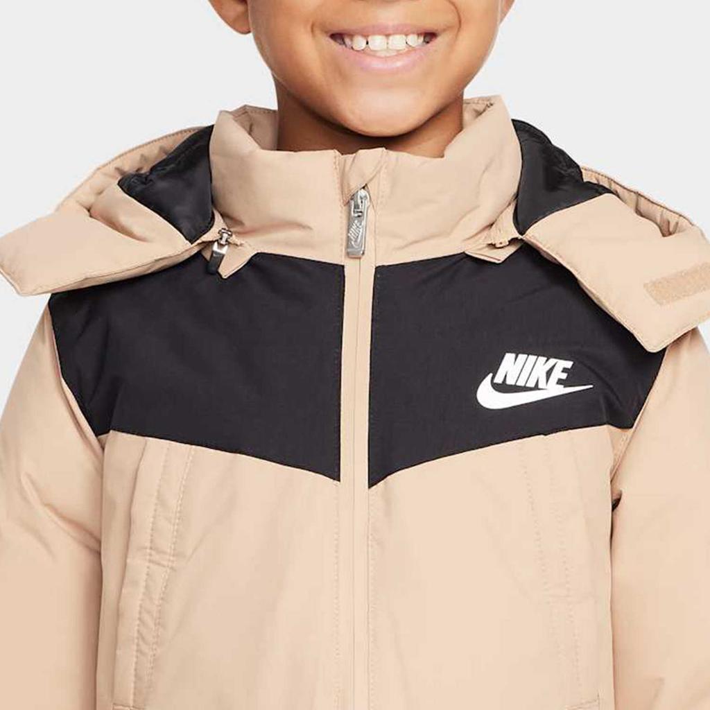 Nike Comfortable Color Block Hooded Duck Down Mid-Length Jacket Kids outerwear Khaki HV7185-200
