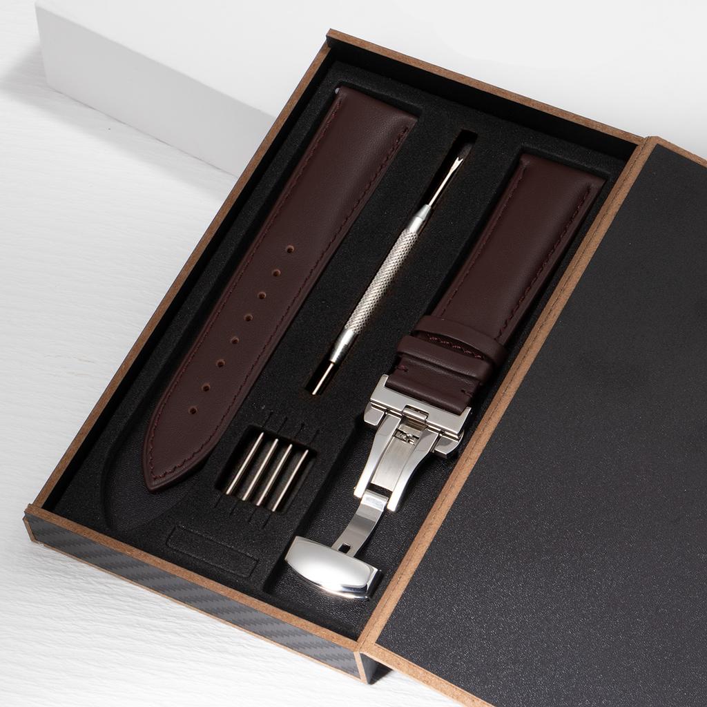 2026 Leder-Uhrenarmband 18mm 20mm 22mm Uhrenarmband Automatisches Schmetterlingsverschluss Herren und Damen Business mit Box Armband