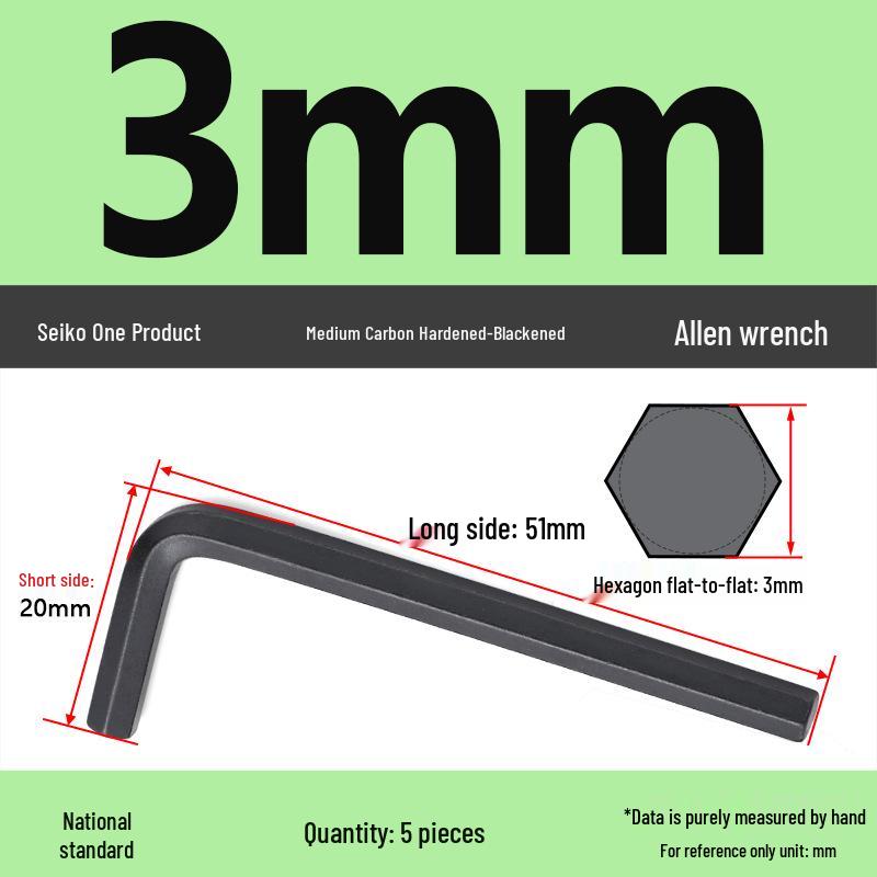 Medium Hardened L-Type Hex Key, Carbon Steel, Black Oxide, 2-8mm