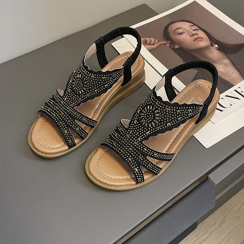 2025 Summer New Korean Version of Rhinestone Side Empty Women's Shoes Elastic Mouth Roman Shoes Lightweight Flat Mother Sandals