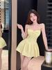 Elegant Off-Shoulder Pleated A-Line Skirt Women's Summer Spaghetti Strap Dress with Waist-Cinched Slim Fit