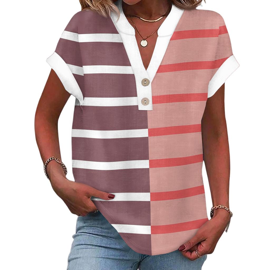 Women's Casual Fashion V-Neck Button Down Stripe Printed Short Sleeve Top