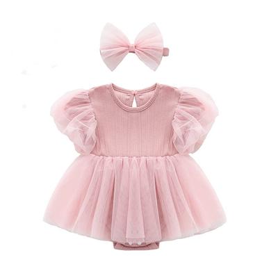 Baby Sommer Kurzarmkleid mit Tüllrock und Haar Rüschen Einfarbig Baby Prep Geschenk Mädchen Strampler, Accessoire, Rosa, 6M,