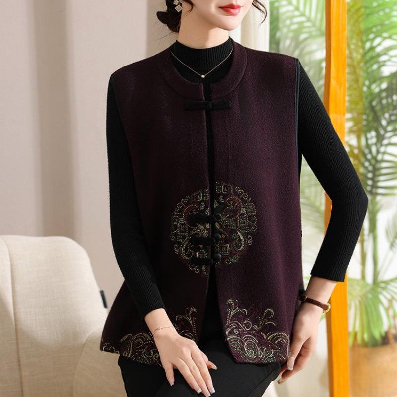 Stylish Women's Stand Collar Knit Vest with Frog Button & Embroidery - Warm Waistcoat for Middle-Aged & Elderly Mothers in New Chinese National Style.