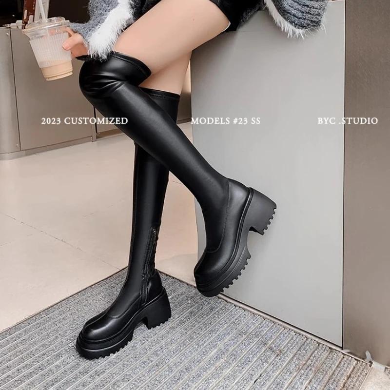 Women's High Over-the-knee Boots Round Head Half-zipper Elastic Thin Thick Bottom Boots Two Heights Optional Fashion Boots Shoes