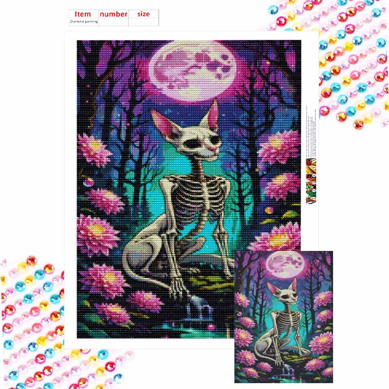 Halloween 5D DIY Diamond Art Painting Kit Skeleton Cat Moon Flower Home Wall Decor Handmade Gift Art Craft Project Full Drill Set Round 20x30cm