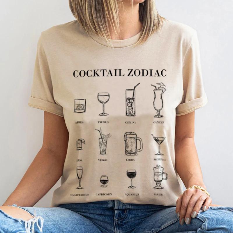 Cocktail Zodiac Women Funny TShirts Cute Astrology T Shirt Short Sleeve Alcohol Drink Graphic Tees FeUnisex Vintage Tops Gifts