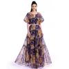 Summer Holiday Vacation Flower Print Long Maxi Dress Bohemian O-neck Short Sleeve High Waisted Chiffon Party Dresses Casual Robe