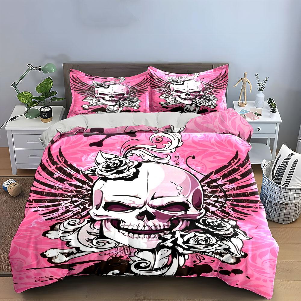 Skull Rose Art Decor Set Bedding Set With 1 Duvet Cover 2 Pillowcases Single Double King Queen, Gift