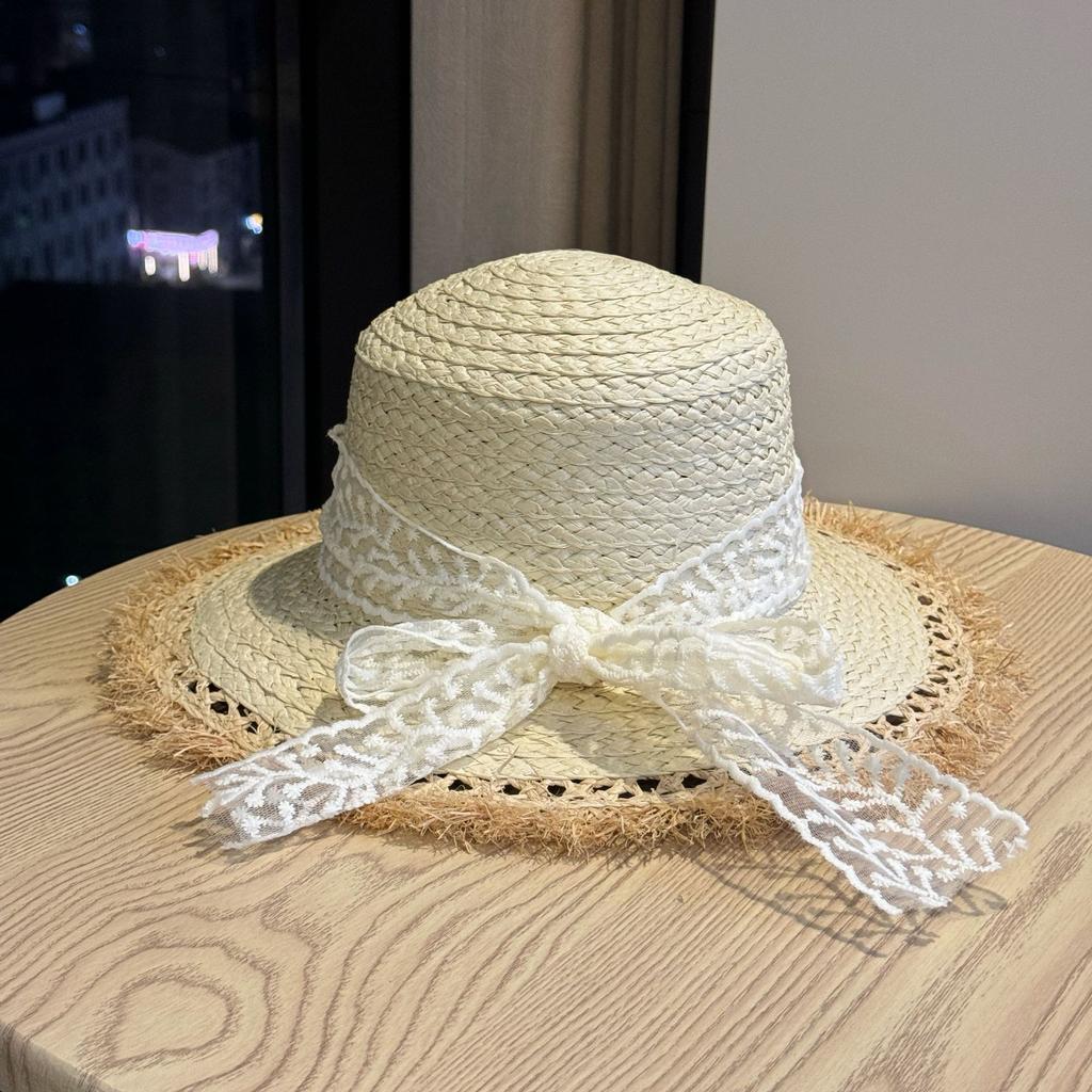 French lace bow straw hat women's summer sweet seaside vacation sun hat big brim sun hat