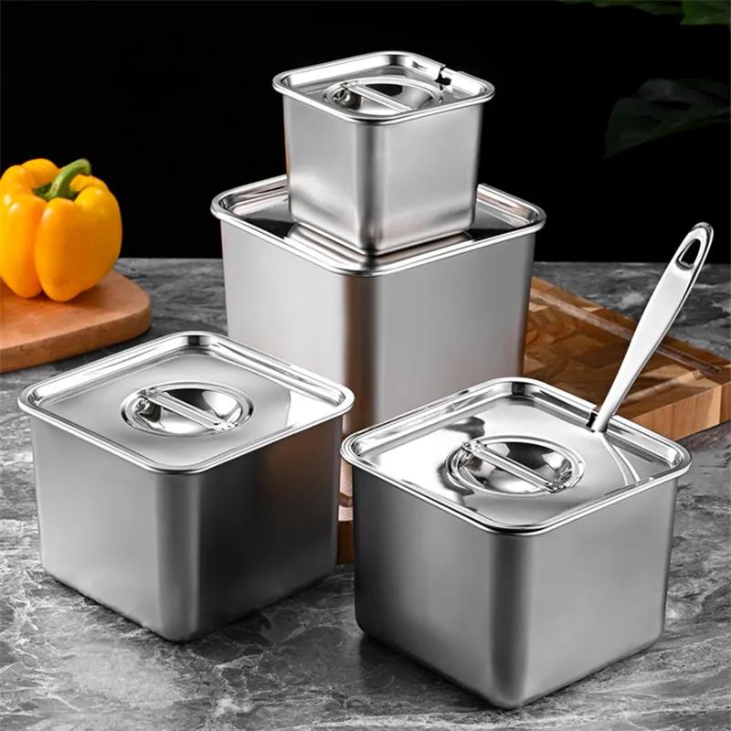 Stainless steel square barrel storage seasoning box with cover basin jars and lids spice jars set coriander Scallion oil bottle