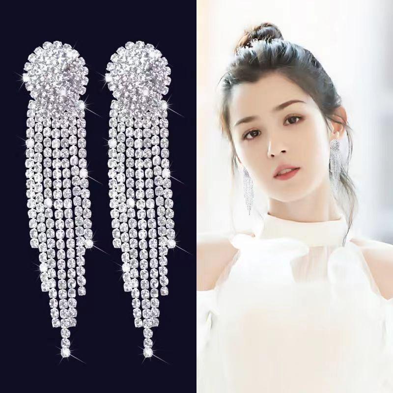 European & American Full Diamond Tassel Earrings: Elegant Slimming Bridal Jewelry